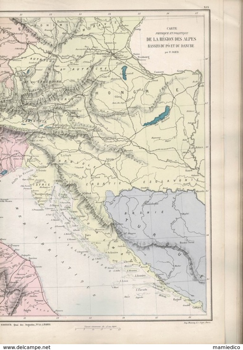 1878 Atlas Géographie Générale par F. OGER contenant 33 cartes coloriées. Atlas :30/43cm, chaque carte dépliée: 51/43 cm