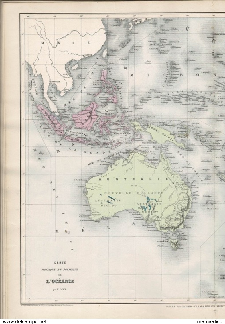 1878 Atlas Géographie Générale par F. OGER contenant 33 cartes coloriées. Atlas :30/43cm, chaque carte dépliée: 51/43 cm