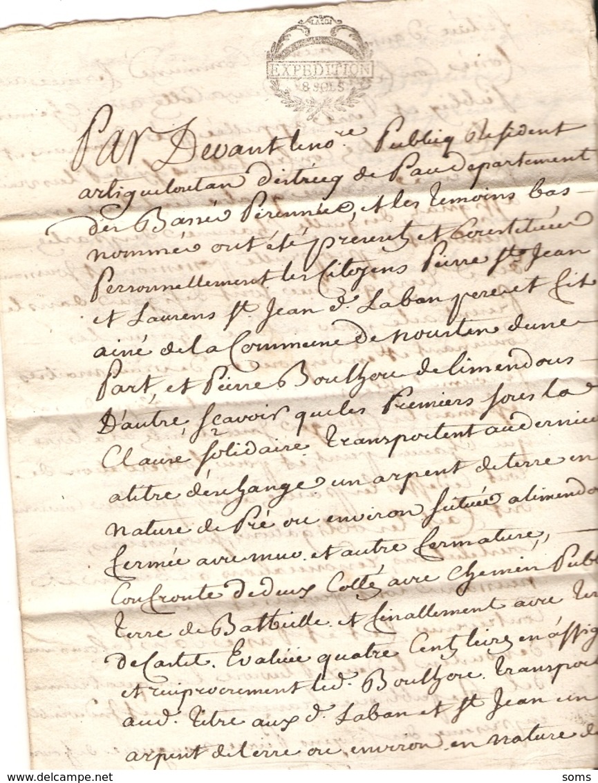 Vieux Papier Du Béarn, An IV, Bouilhon De Limendous échange Un Pré Avec Laban De Nousty, Cachet - Historical Documents