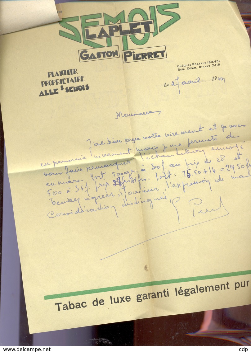 TABAC  Entête Tabac Semois   Alle/semois  1940 - Documenten