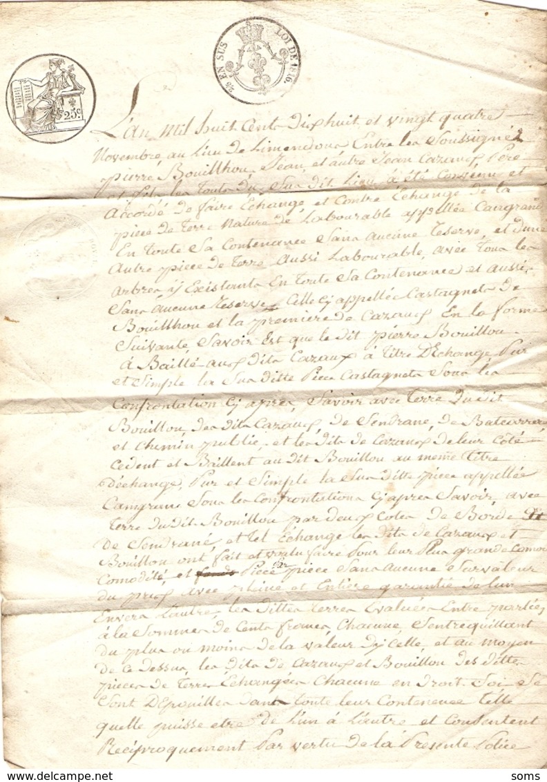 Vieux Papier Du Béarn, 1818, Limendous, Bouilhon échange La Terre De Castagnet Contre Celle De Camgrand Des Cazaux - Documents Historiques