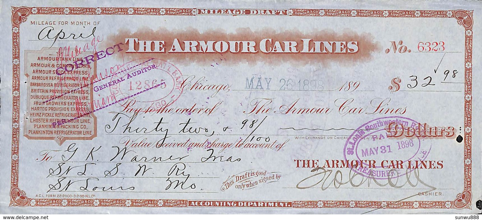 Receipt St Louis Southwestern Railway Company 1898 The Armour Car Lines - Stati Uniti