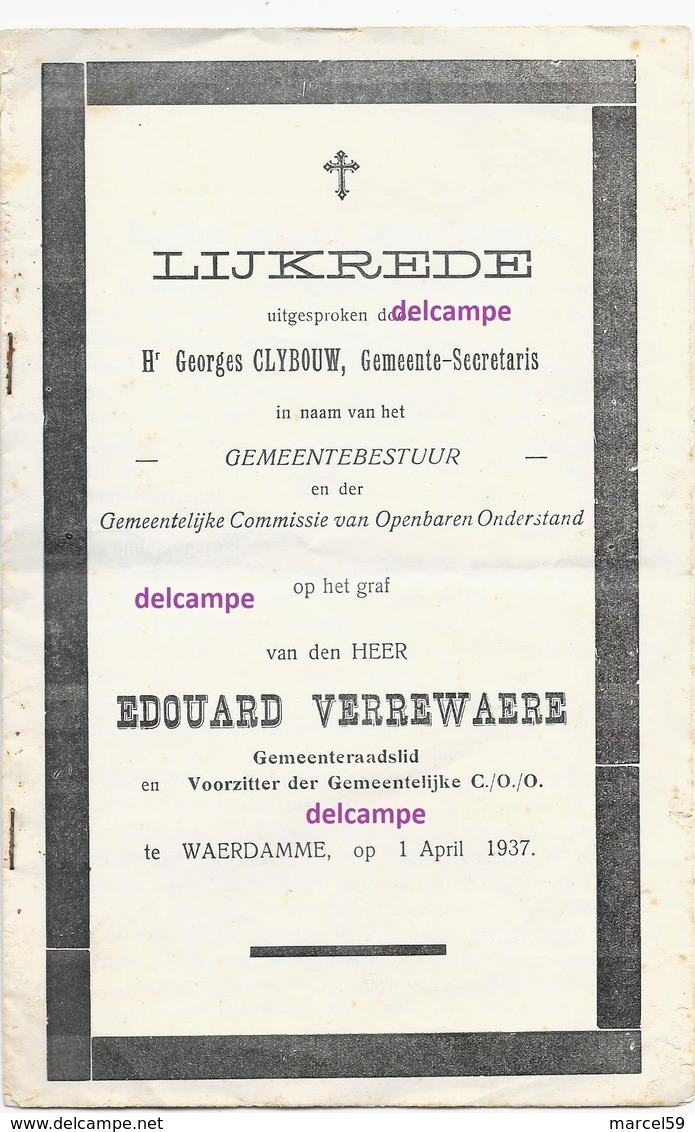 Lijkrede Edouard Verrewaere 1865 Waardamme Gemeenteraadslid En Aldaar Overleden  Maart 1937 Claerhout  Oostkamp - Andachtsbilder