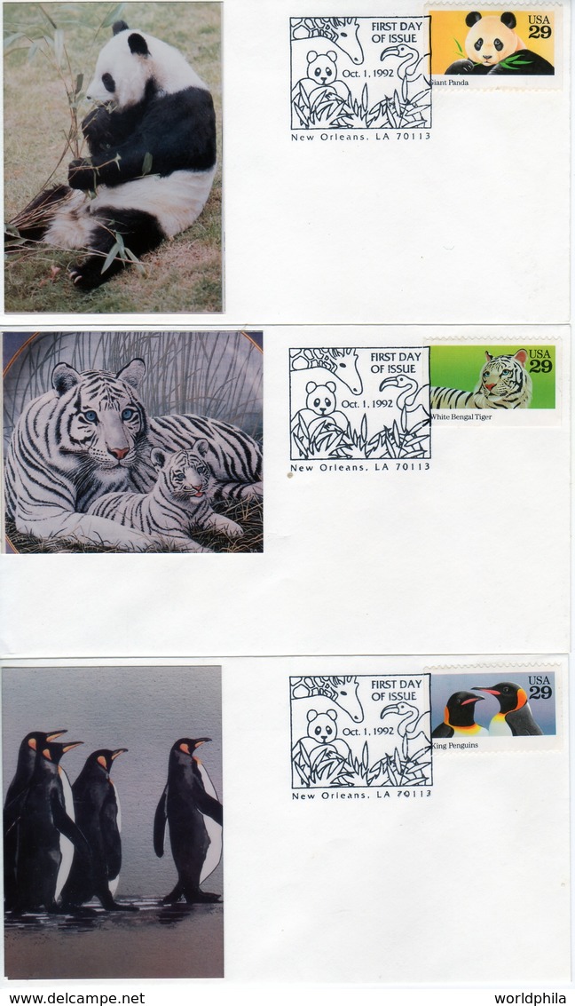USA 1992 Wild Life Set Of 5 Cacheted FDC: Panda, Flamingo, Tiger,Penguin, Girrafe - FDC