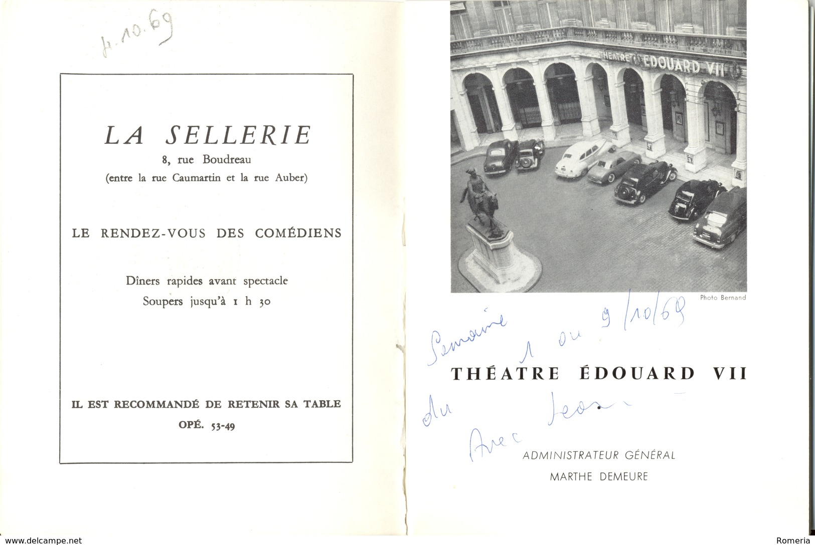 Octobre 1969 - Programme Théâtre Edouard VII - "Les Garçons De La Bande" - Représentation Du 4 Octobre 1969 - - Programs