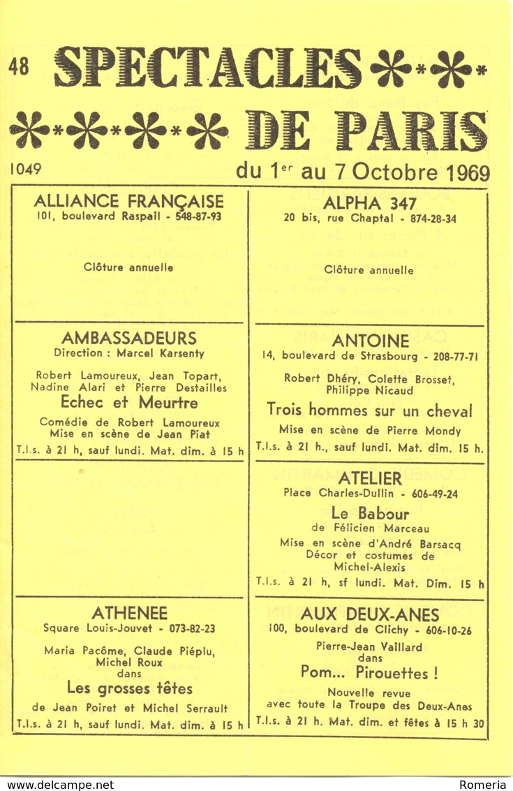 Octobre 1969 - Programme Théâtre Edouard VII - "Les Garçons de la Bande" - Représentation du 4 octobre 1969 -