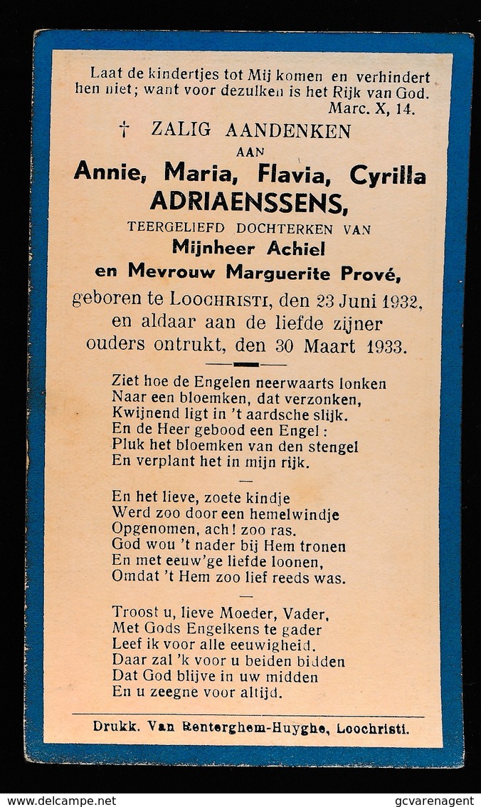 ANNIE ADRIAENSSENS   LOCHRISTI  1932   1933 - Décès