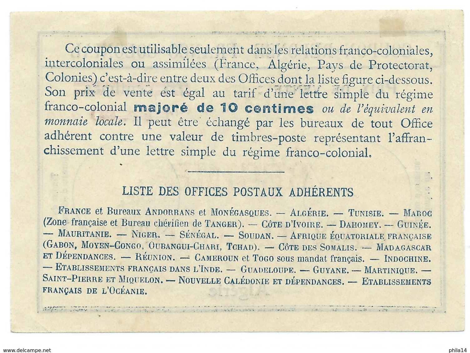 COUPON REPONSE FRANCO COLONIAL / ALGERIE 1f60 SUR 75c BARRE DE 2 TRAITS ROUGES /POINT CARRE APRES Fr SURCHARGE 2,10 - Cupón-respuesta