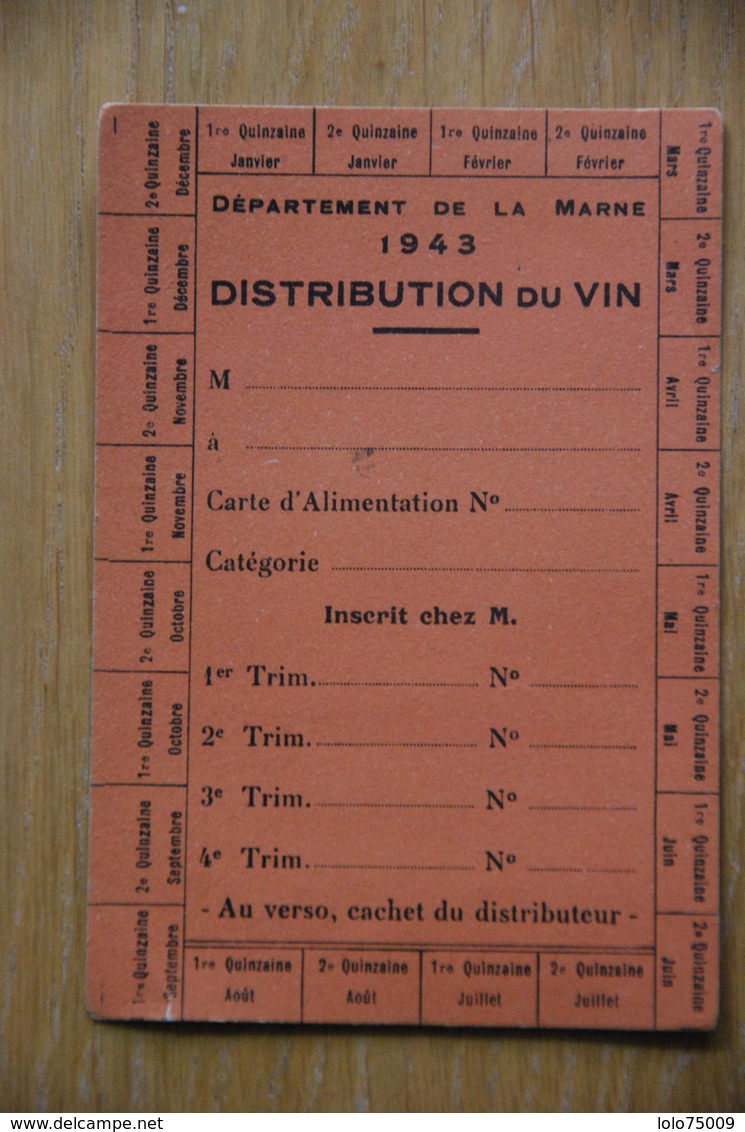 Rationnement - Carte Distribution Vin Marne - Historical Documents