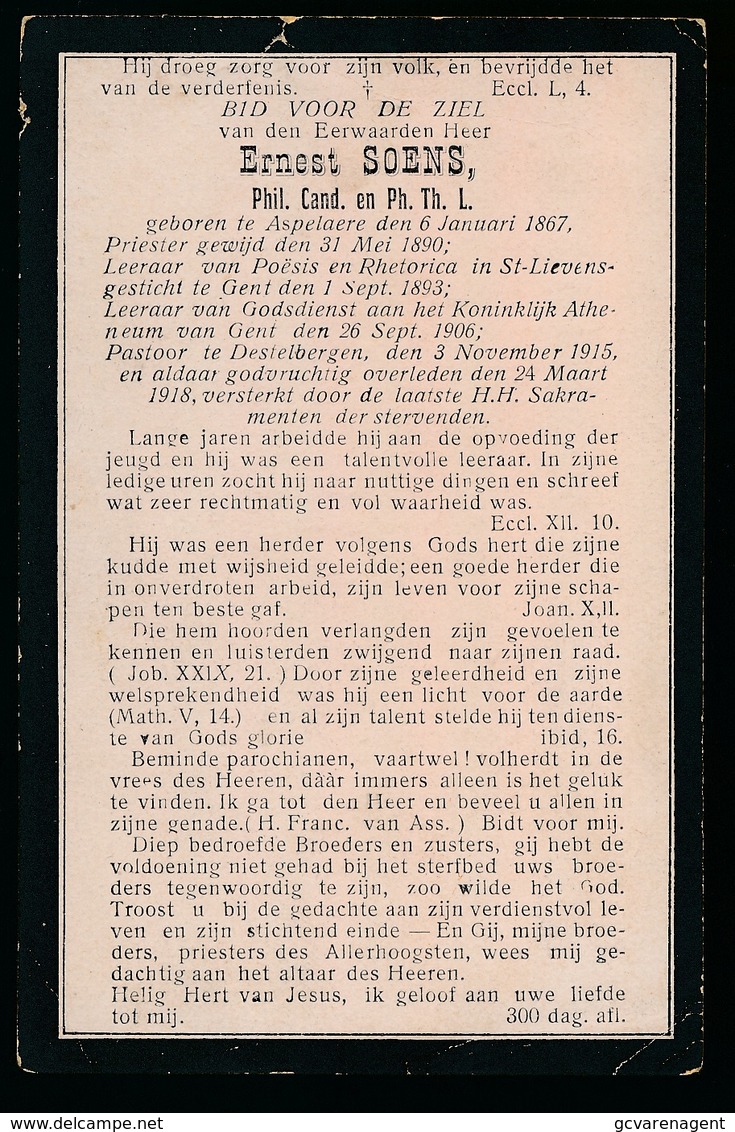 PASTOOR DESTELBERGEN  ERNEST SOENS  ASPELAERE 1867  DESTELBERGEN 1918 - Décès