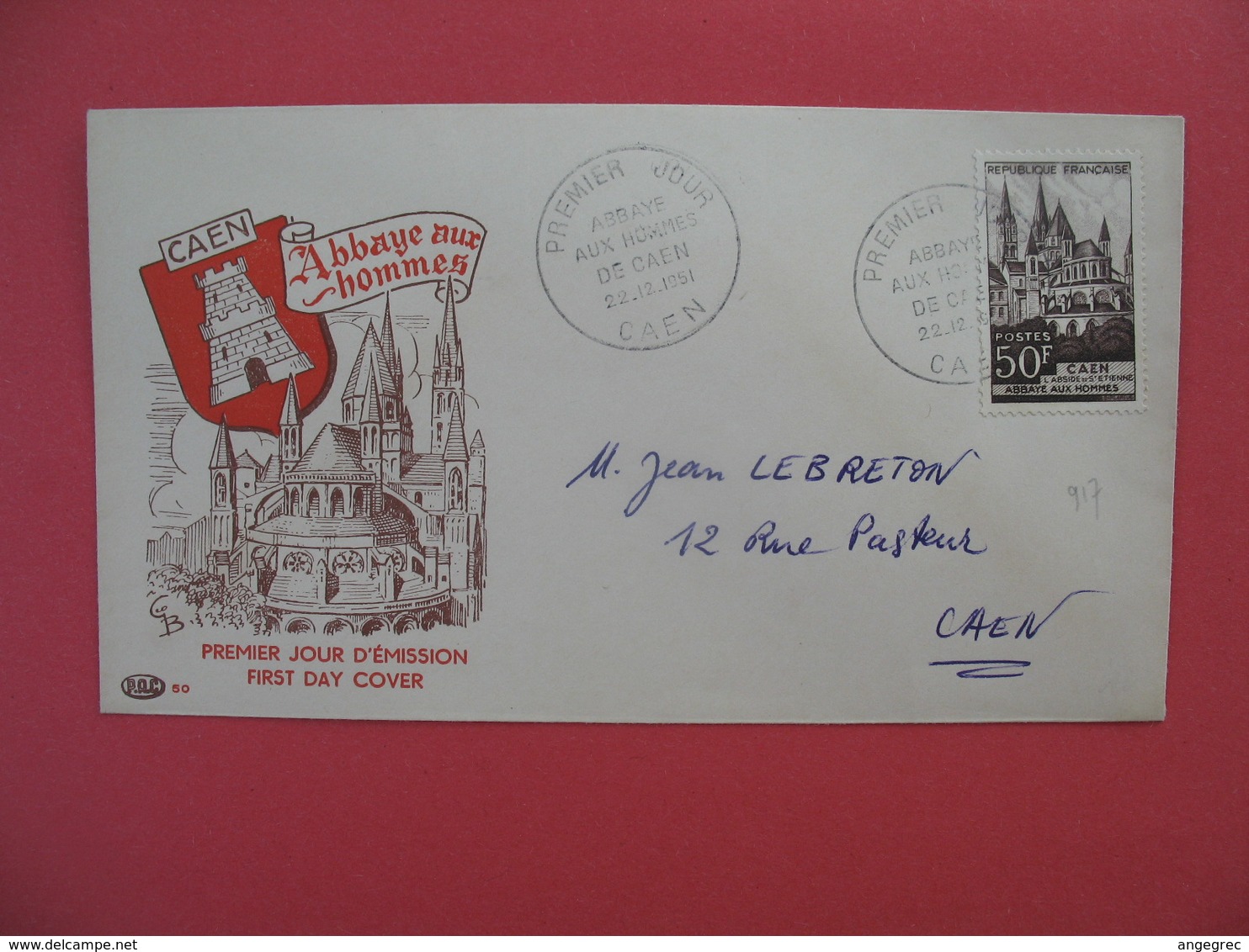 FDC 1951   Abbaye Aux Hommes  -  Cachet  Abbaye Aux Hommes De Caen - Caen      à Voir - 1950-1959