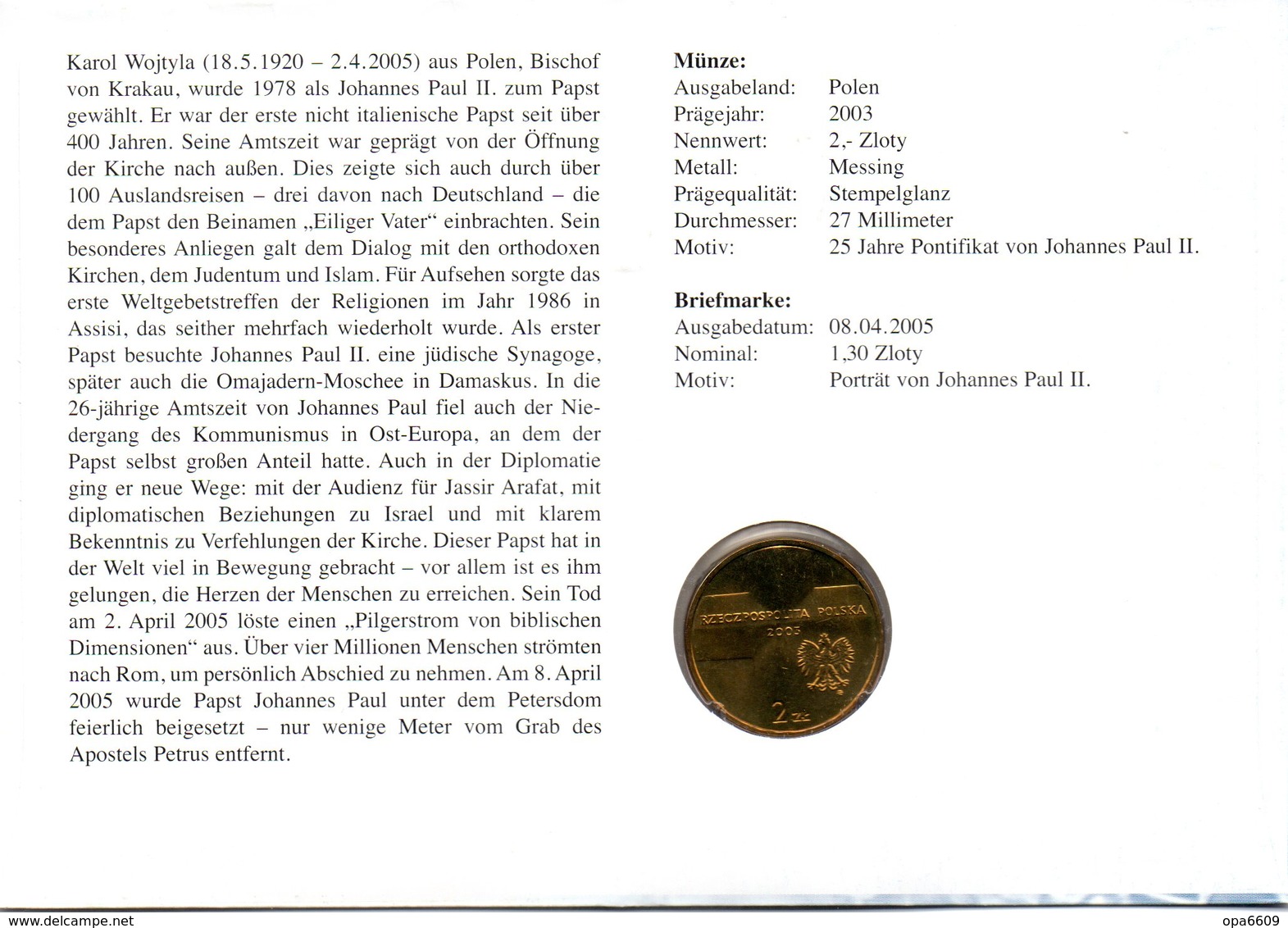 (Bu-FDC) Polen Numisbrief BM Mi 4175 "Tod Von Papst Joh. Paul II" SSt 8.4.2005 Münze 2Zl."Tod Von Papst Joh. Paul II" - Pologne