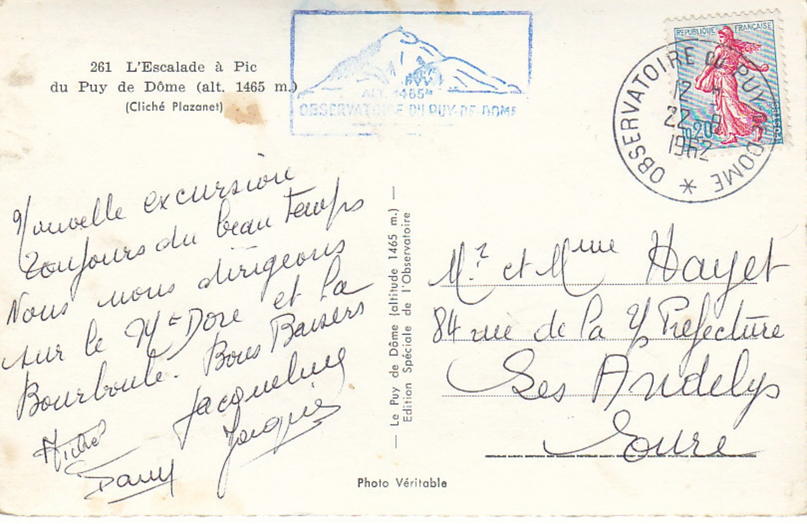 Oblitération Observatoire Du Puy De Dôme Sur Carte Postale De 1962 ,2 Scans - Cachets Manuels