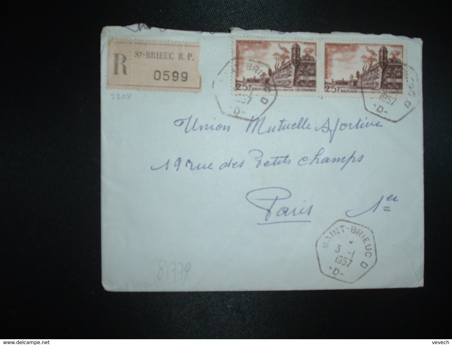 LR TP BROUAGE 25F Paire OBL. HEXAGONALE 3-1 1957 SAINT-BRIEUC D  -D- (22 COTES DU NORD) - Manual Postmarks