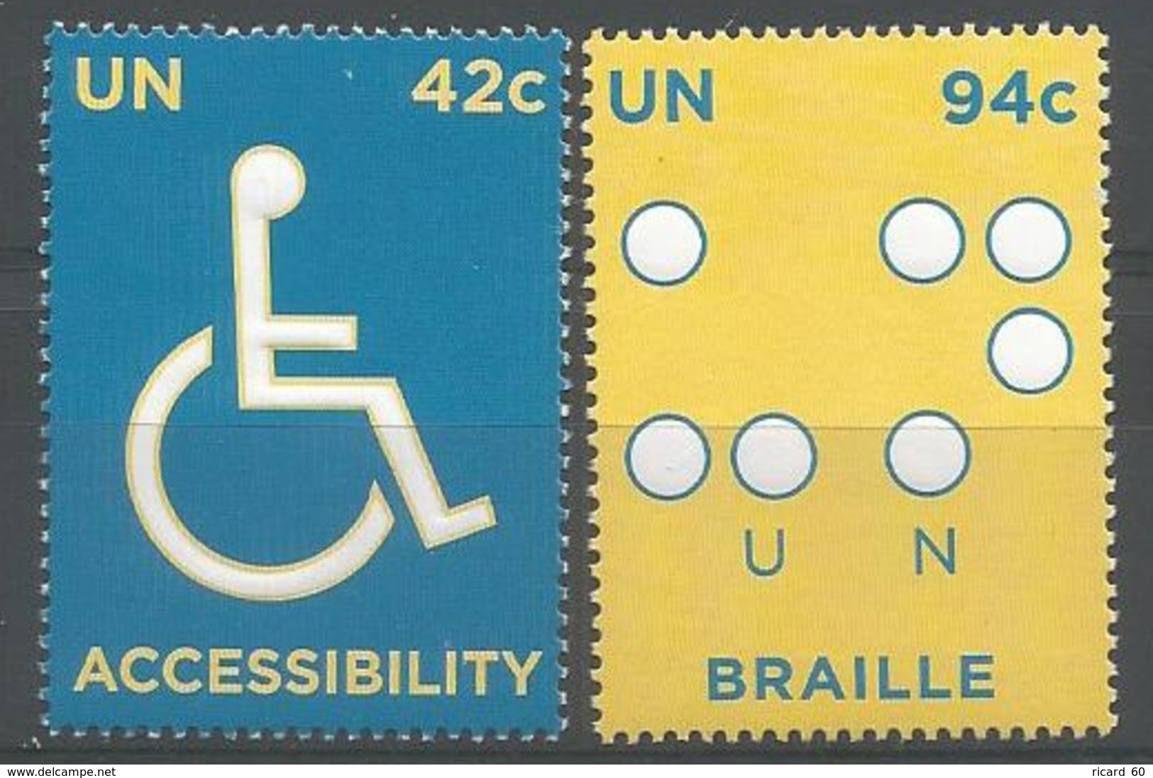 Timbres Neufs**, Nations Unies, Onu, Un, 2008, N° 1075-6 Yt, Convention Pour Les Handicapés, écriture Braille, Accessib - Neufs