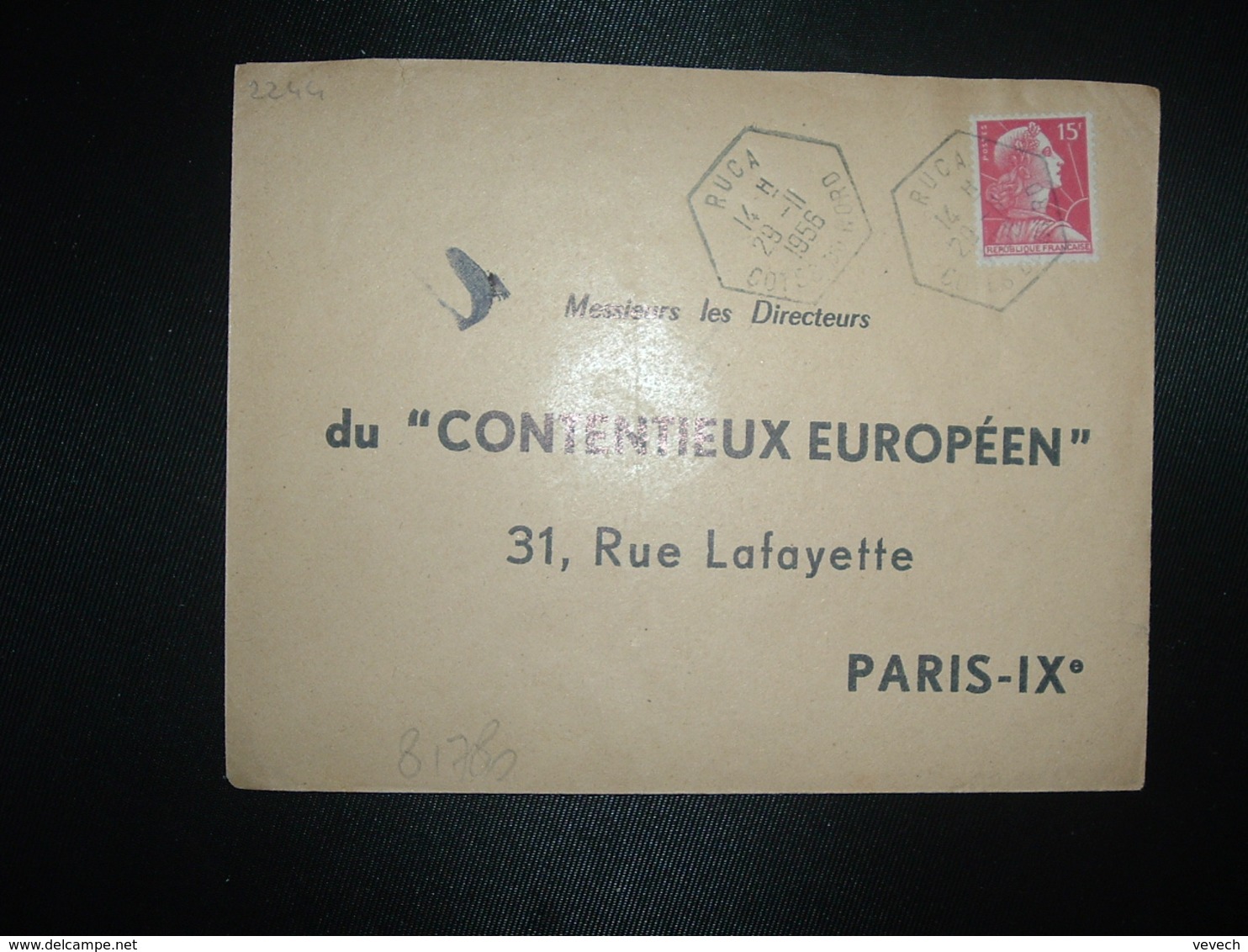 LETTRE TP M. DE MULLER 15F OBL. HEXAGONALE 29-11 1956 RUCA COTES DU NORD (22) - Cachets Manuels