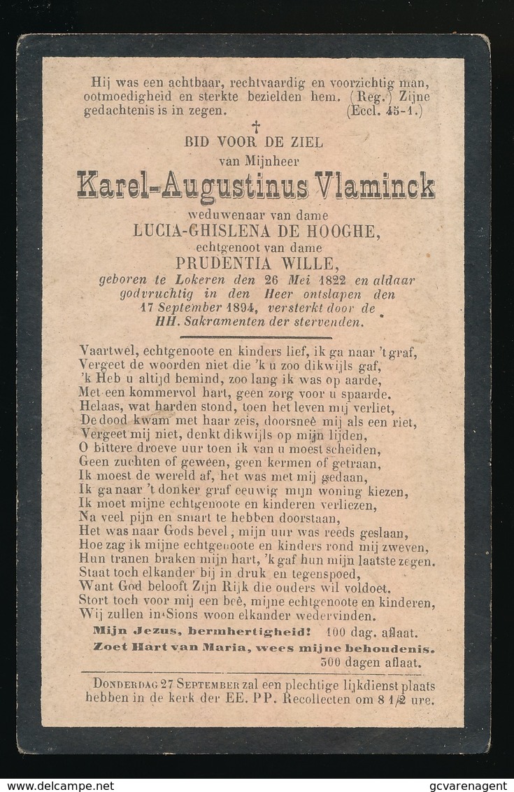 KAREL VLAMINCK  LOKEREN 1822 - 1894 - Décès