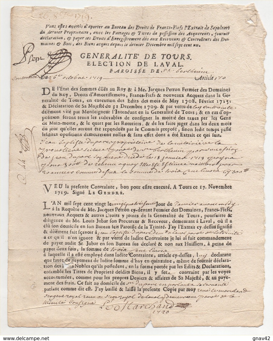 Généralité De Tours élection De Laval 1720 - Cachets Généralité