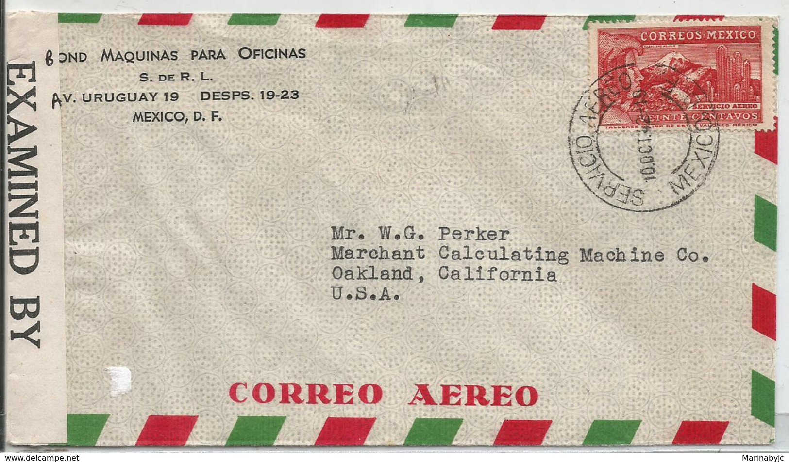 J) 1942 MEXICO, BOND, OFFICE MACHINES, EAGLE MAN OVER MOUNTAINS, OPENED BY EXAMINER, AIRMAIL, CIRCULATED COVER, FROM MEX - Mexico