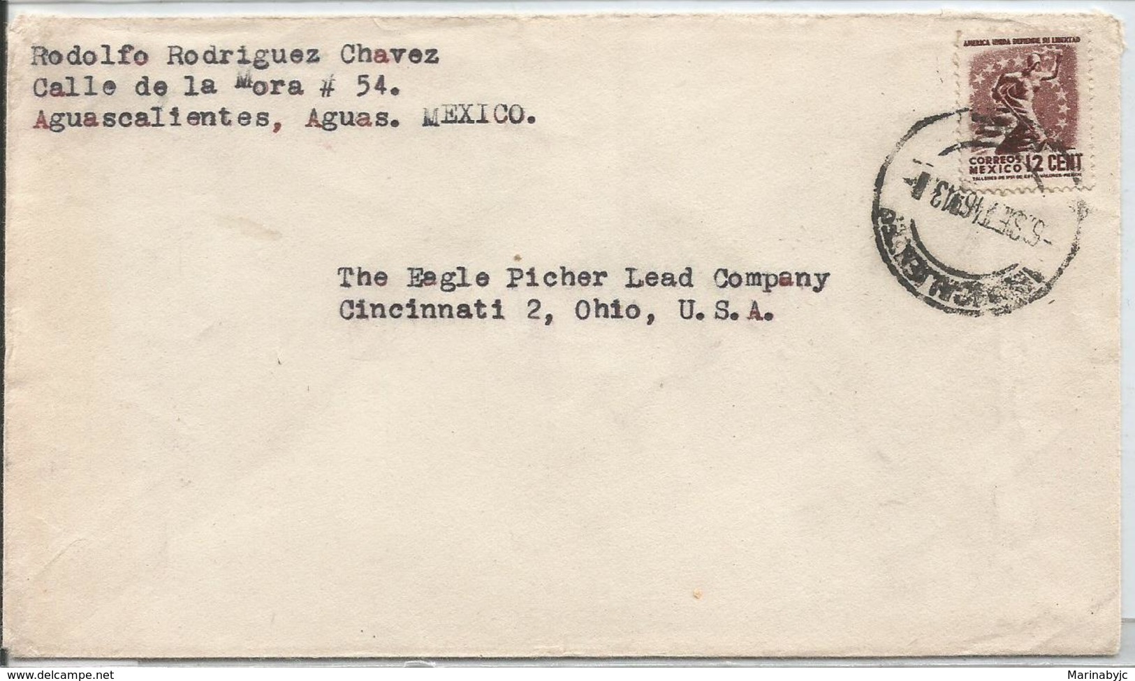 J) 1943 MEXICO, LIBERTY, CIRCULATED COVER, FROM AGUASCALIENTES TO USA - Mexico