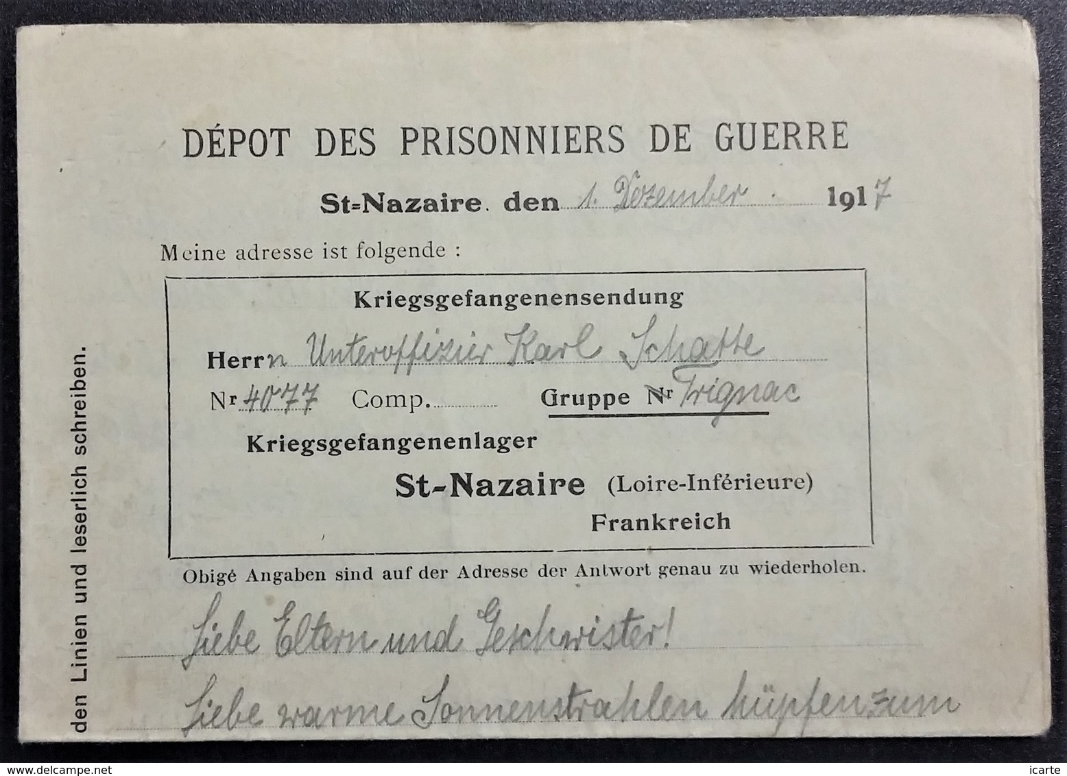 Lettre à En-tête Dépôt De SAINT NAZAIRE Prisonnier De Guerre Allemand Décembre 1917 - WW I