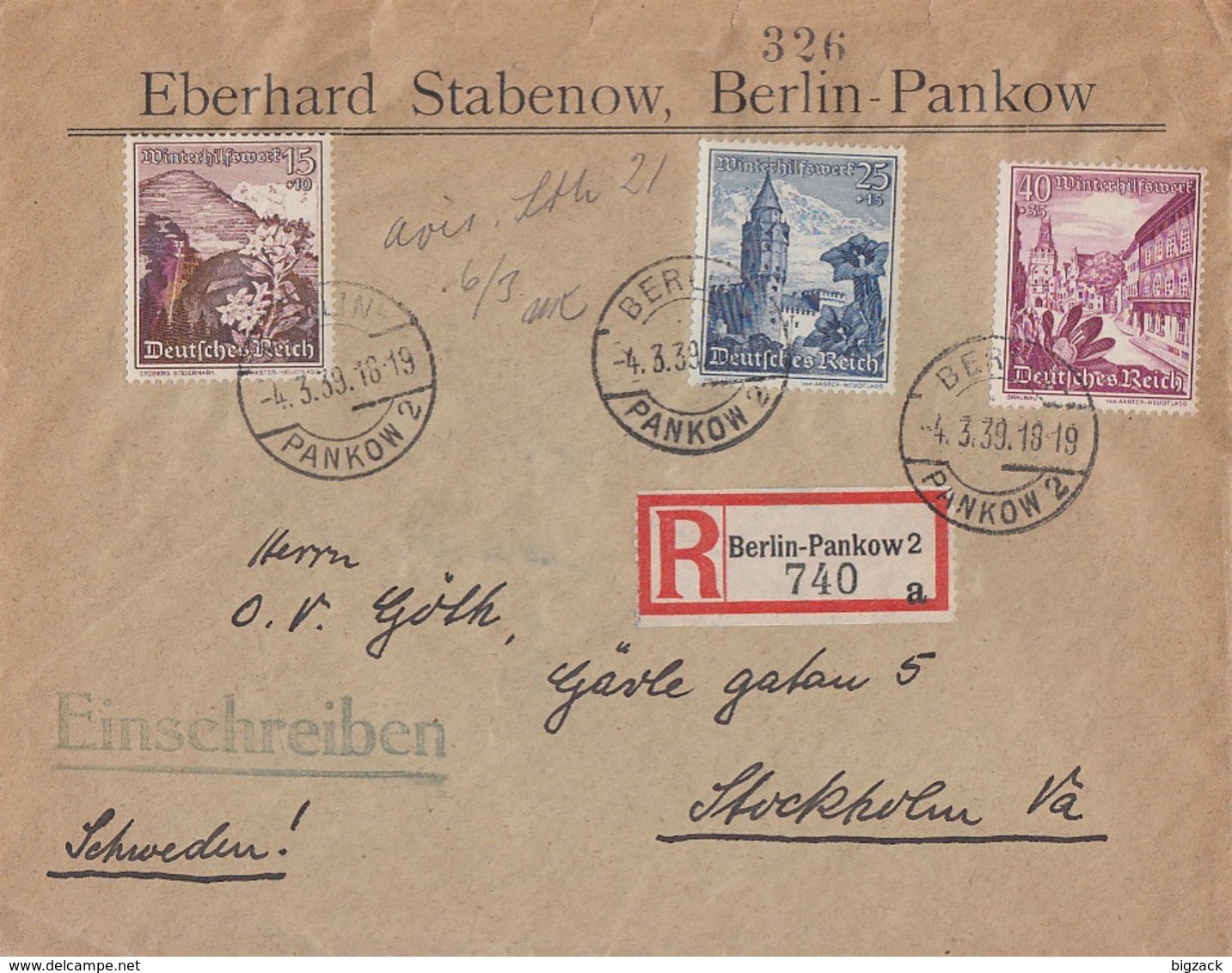 DR R-Brief Mif Minr.681,682,683 Berlin-Pankow 4.3.39 Gel. Nach Schweden - Briefe U. Dokumente