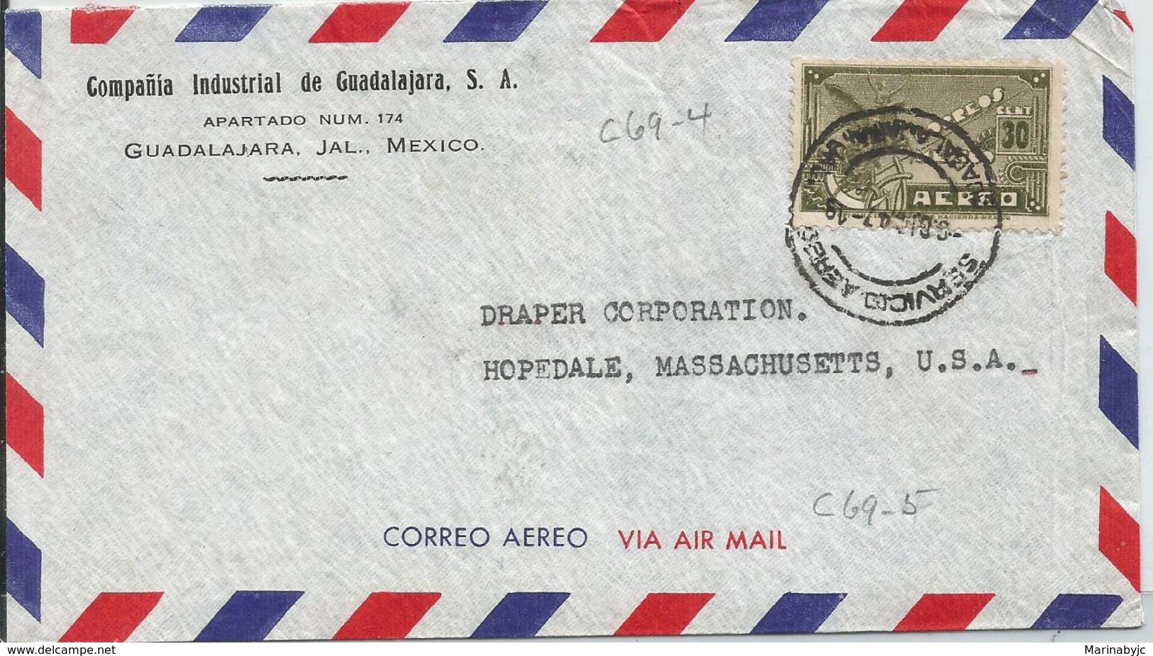 J) 1943 MEXICO, COMMERCIAL LETTER, INDUSTRIAL COMPANY OF GUADALAJARA, SYMBOL OF AIR SERVICE, AIRMAIL, CIRCULATED COVER, - Messico