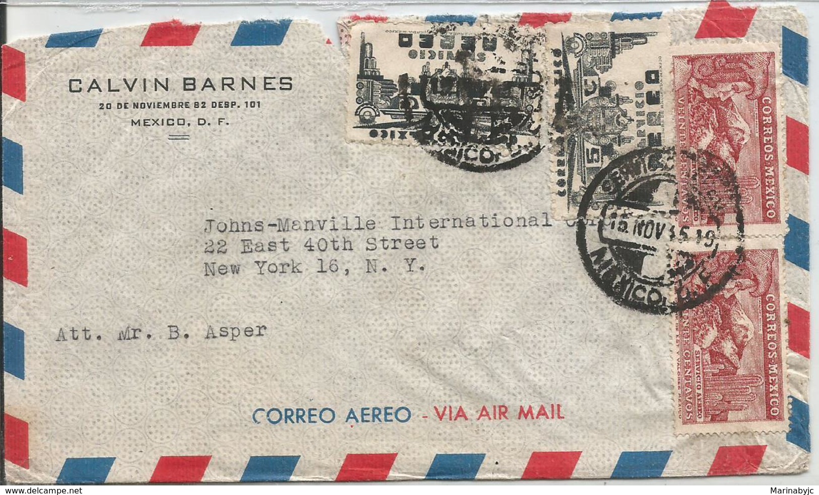 J) 1945 MEXICO, COMMERCIAL LETTER, CALVIN BARNES, EAGLE MAN OVER MOUNTAINS, SYMBOL OF AIR SERVICE, MULTIPLE STAMPS, AIRM - Mexico