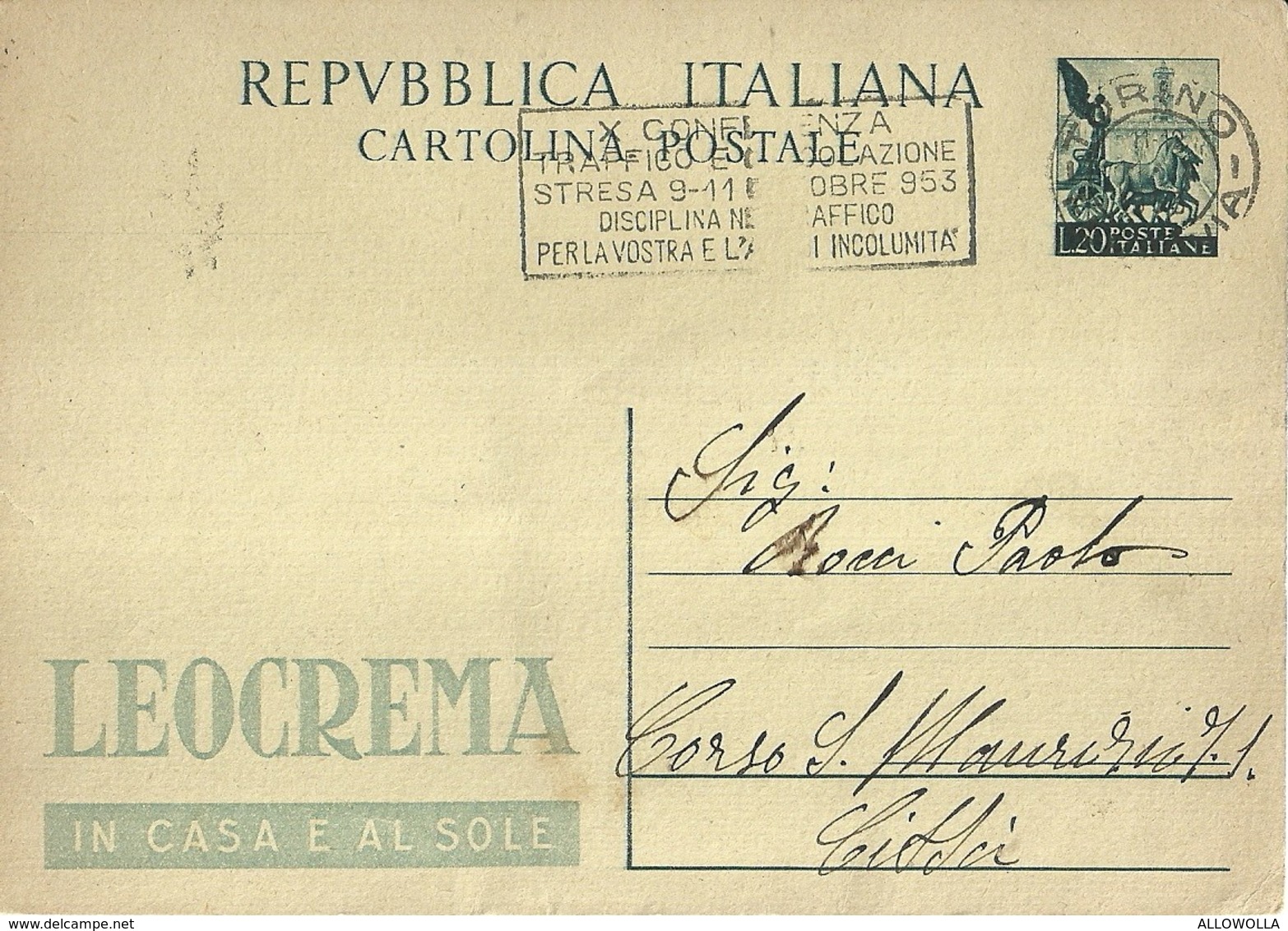 2678 " QUADRIGA-FRANCOBOLLO QUADRIGA ROMANA-PUBBLICITA' LEOCREMA-1953 " CARTOLINA.POST.ORIG.SPEDITA - Interi Postali