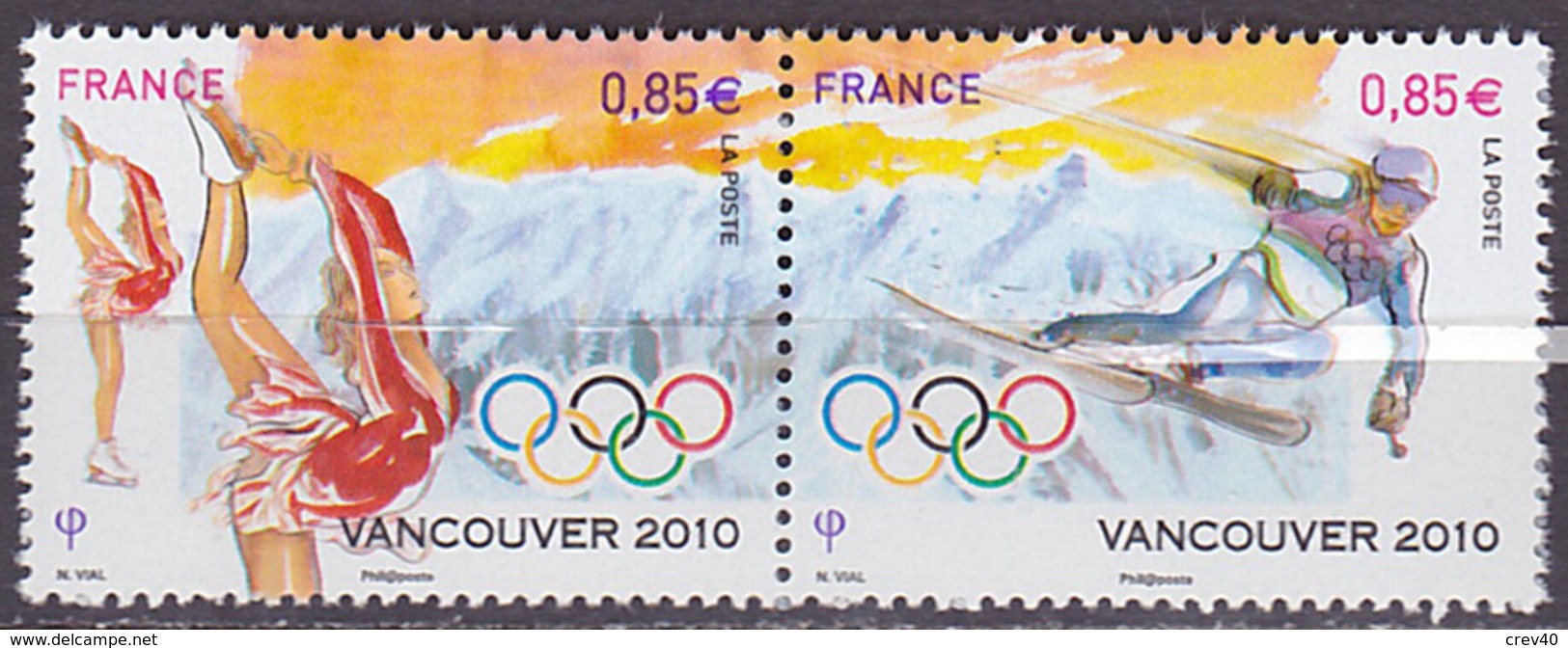 Paire De 2 TP Neufs ** N° P4436(Yvert) France 2010 - JO Vancouver 2010, Patinage Et Ski - Neufs