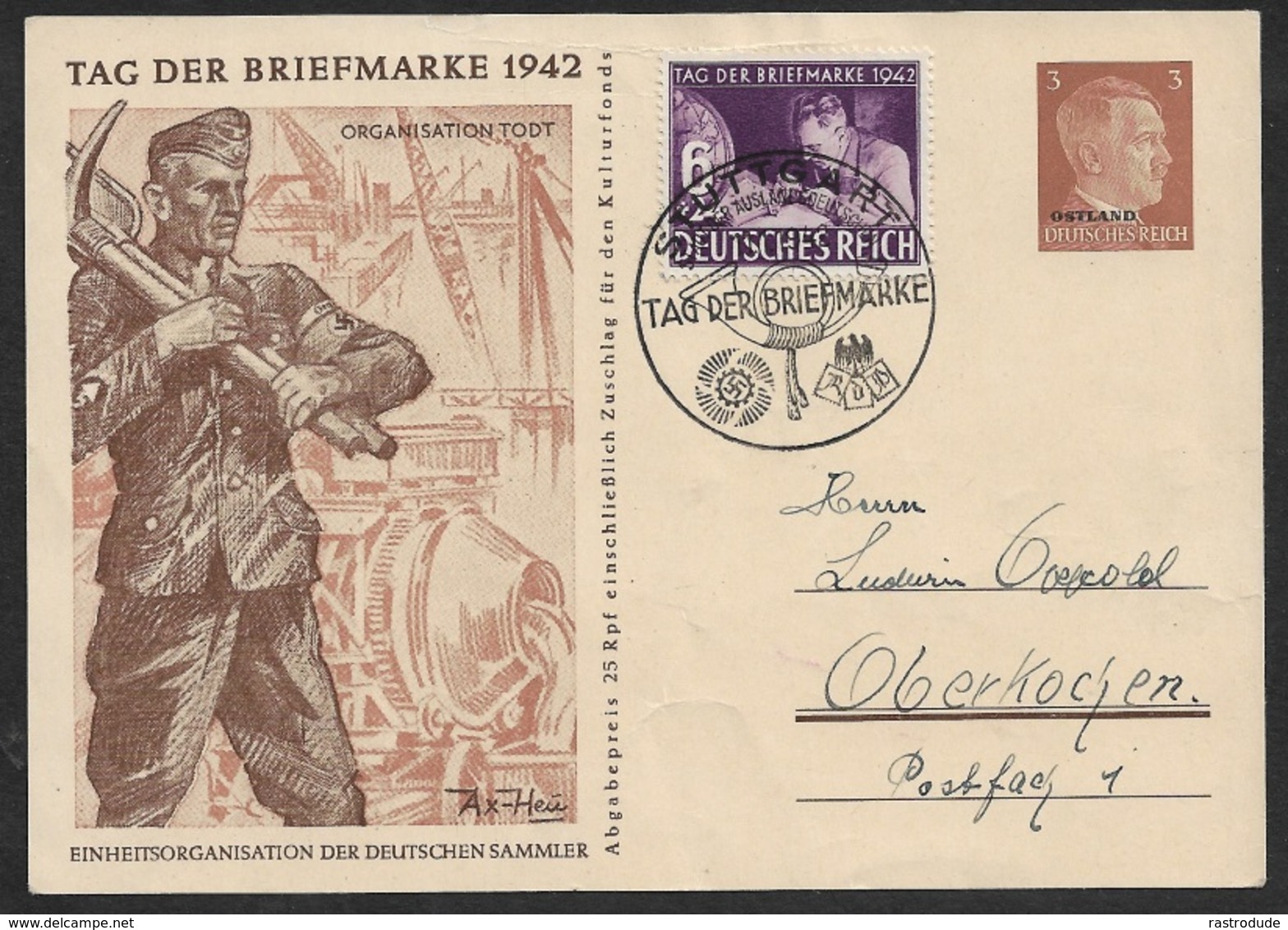 DR - 1942 - 3 Pfg GZ Tag Der Briefmarke 1942  - OSTLAND überdruck. STUTTGART Sonderstpl. - Day Of The Stamp - Briefe U. Dokumente