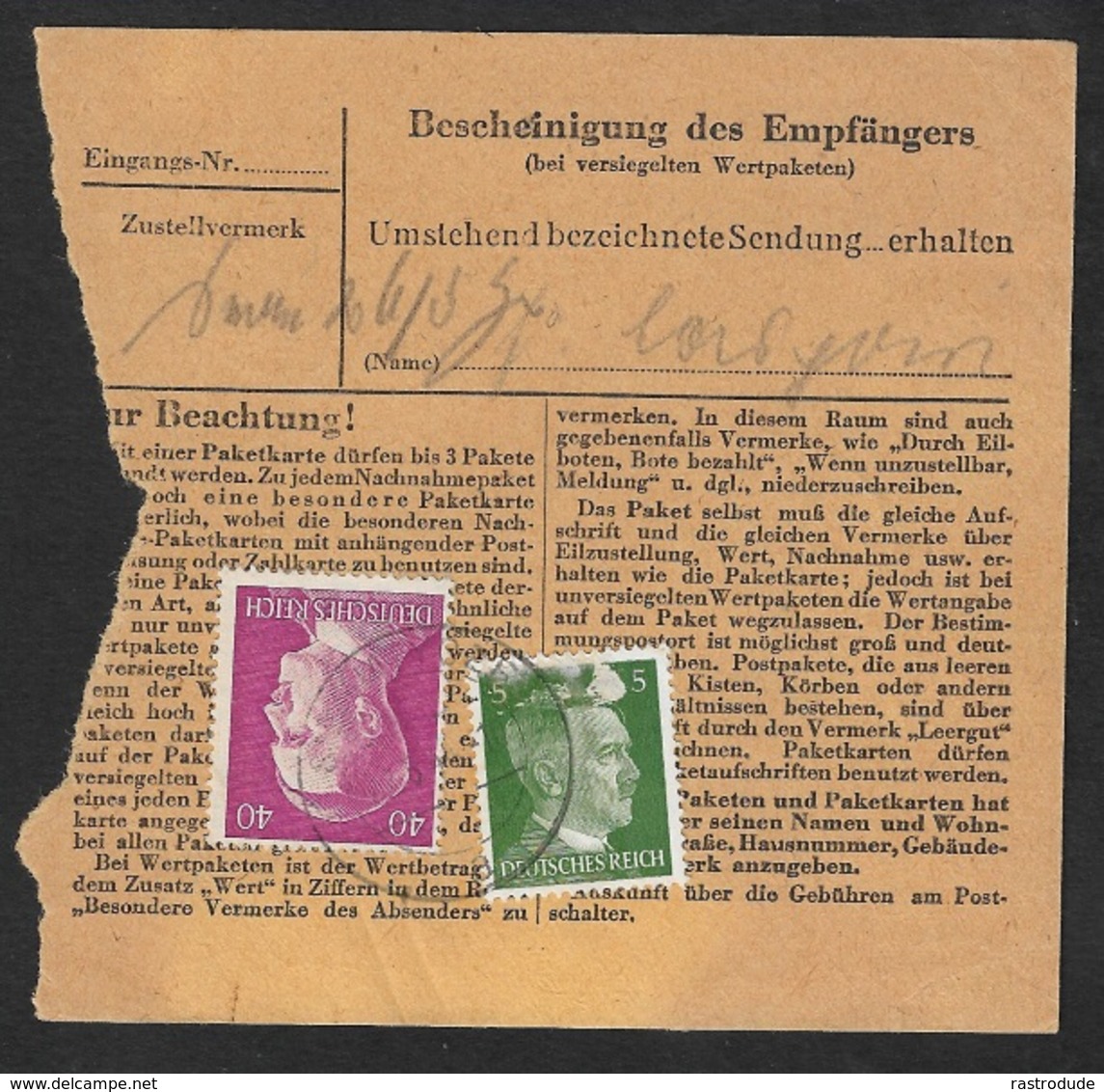 DR - 1944 - POLEN - SIEMIATITZE - PAKETBEGLEITSCHEIN EMPFANGSBESCHEINIGUNG - Briefe U. Dokumente