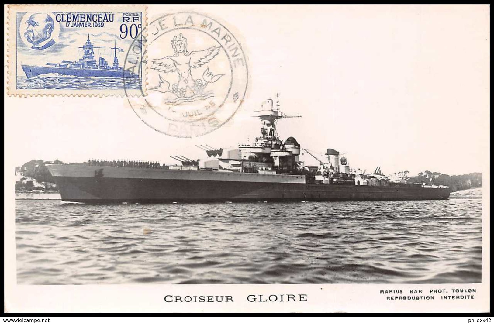 7566 N425 CLEMENCEAU 1945 Croiseur Gloire SALON DE LA MARINE Poste Navale Militaire France Carte Maximum (card) - 1940-1949