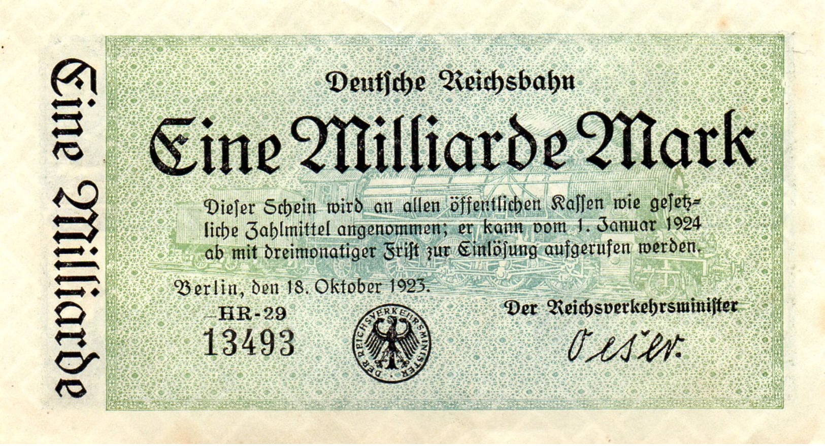 Notgeld Reichsbahn 1 Milliarde Mark  Berlin - 1 Miljard Mark