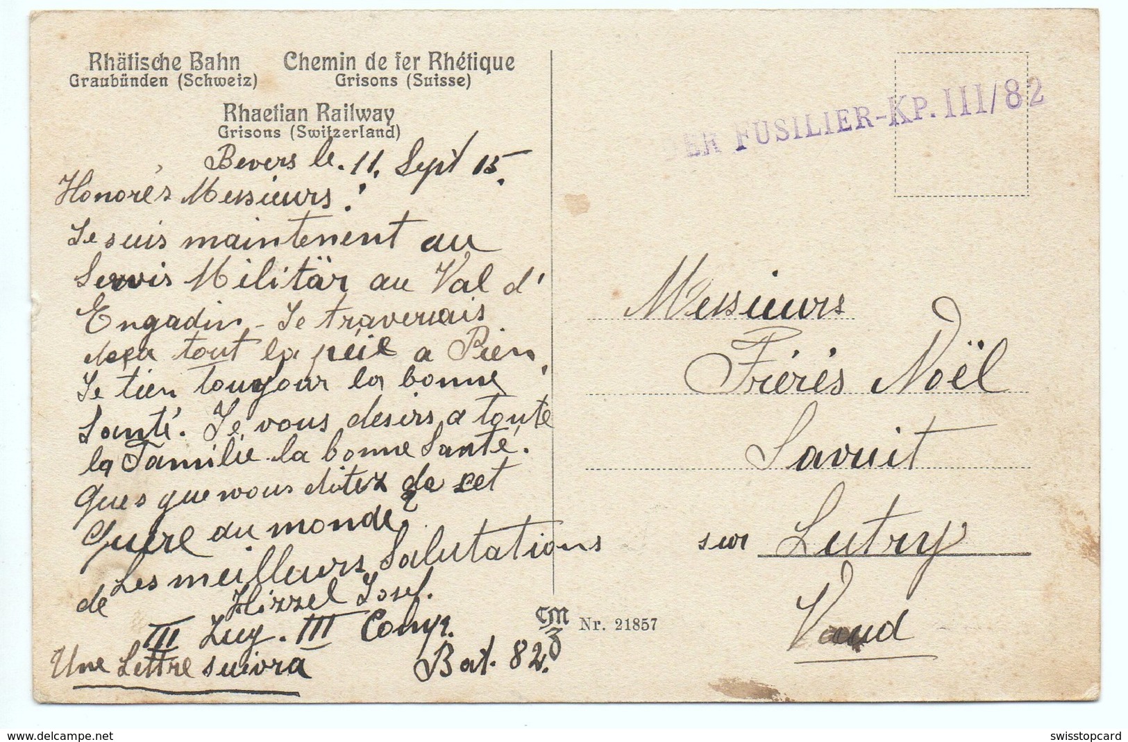 PREDA BERGÜN Albula Bahn Rhätische Bahn Chemin De Fer Rhétique Gel. 1915 Feldpost - Bergün/Bravuogn