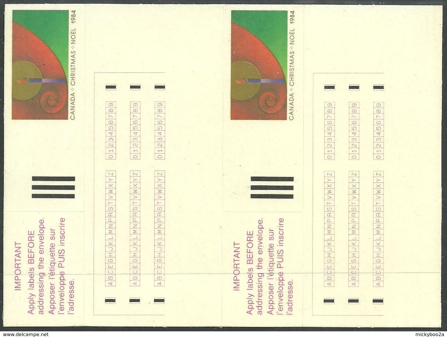 CANADA 1984 CHRISTMAS SELF ADHESIVE PREPAID SINGLE LABEL PAIR MNH - Unused Stamps