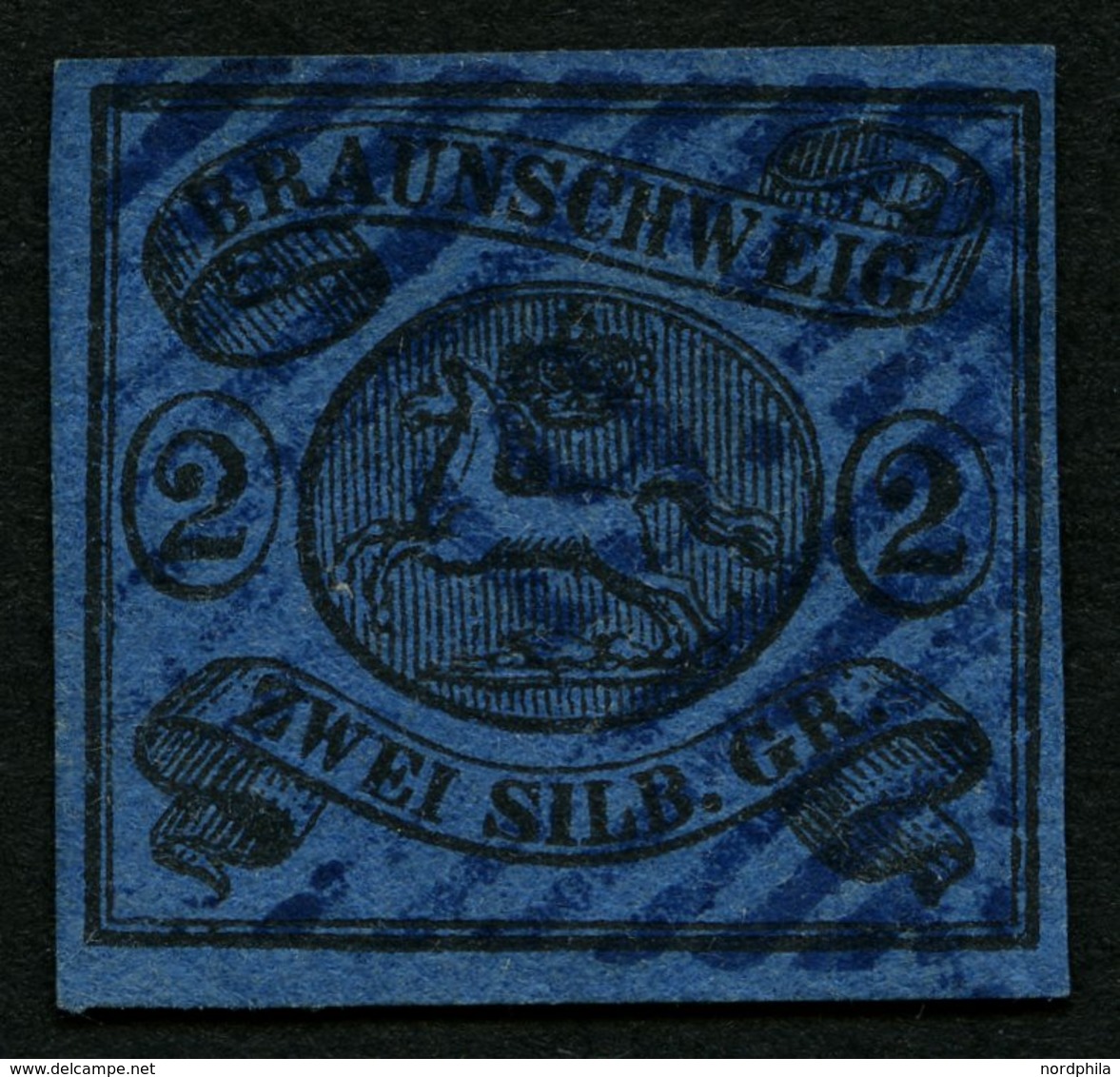 BRAUNSCHWEIG 7a O, 1853, 2 Sgr. Schwarz Auf Blau Mit Zentrischem Blauen Nummernstempel 19 (HARZBURG), Feinst (kleine Rüc - Braunschweig