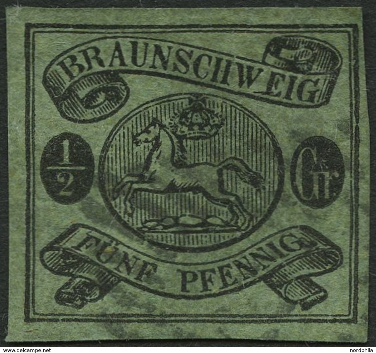 BRAUNSCHWEIG 10A O, 1863, 1/2 Gr. Schwarz Auf Lebhaftgraugrün, Pracht, Signiert H. Krause, Mi. 300.- - Brunswick