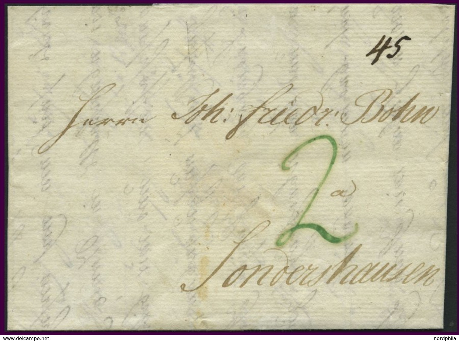 HAMBURG VORPHILA 1799, Brief Mit Kartierungsnummer Und Grüner 2 Von Hamburg Nach Sondershausen, Pracht - [Voorlopers
