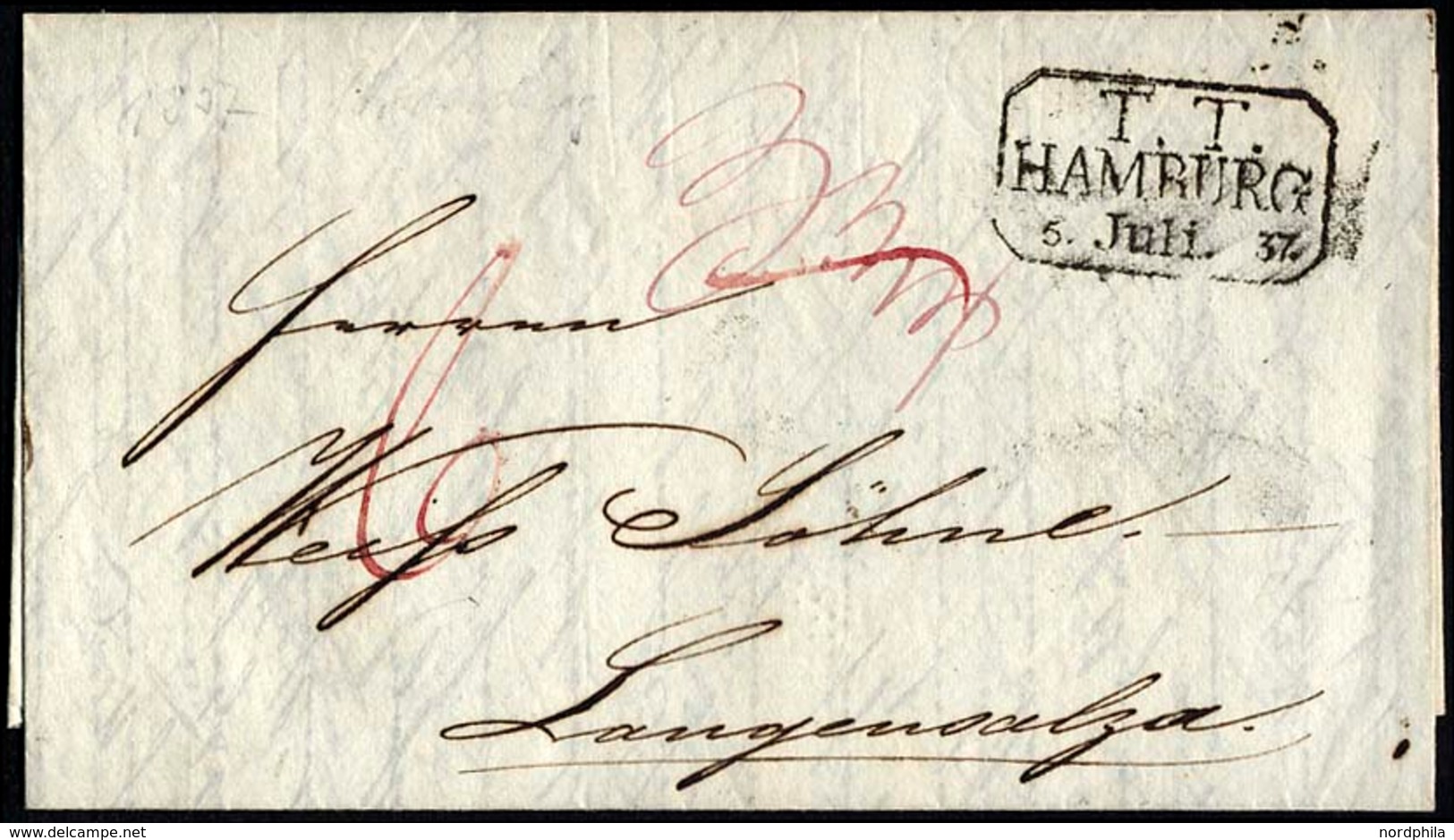 HAMBURG - THURN UND TAXISCHES O.P.A. 1837, T.T. HAMBURG, R3 Auf Forwarded-Letter Von Leeds Nach Langensalza, Rückseitige - Sonstige & Ohne Zuordnung