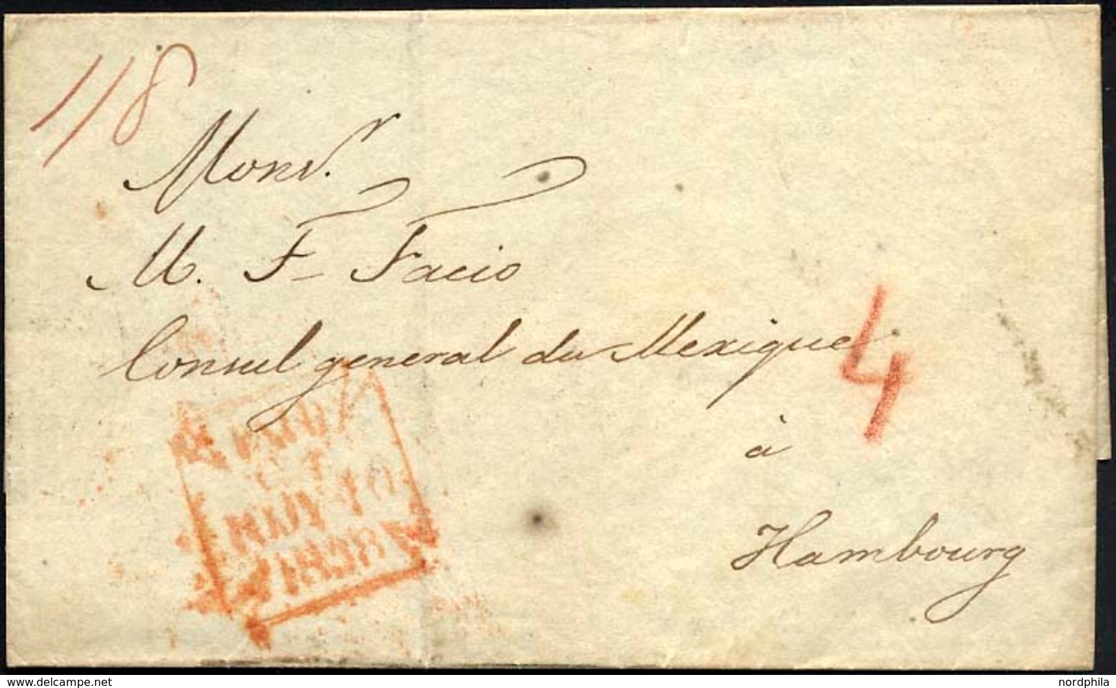 HAMBURG - GRENZÜBERGANGSSTEMPEL 1838, PAID..., Roter R4 Auf Briefhülle Von London An Das Mexikanische Generalkonsulat In - Prefilatelia