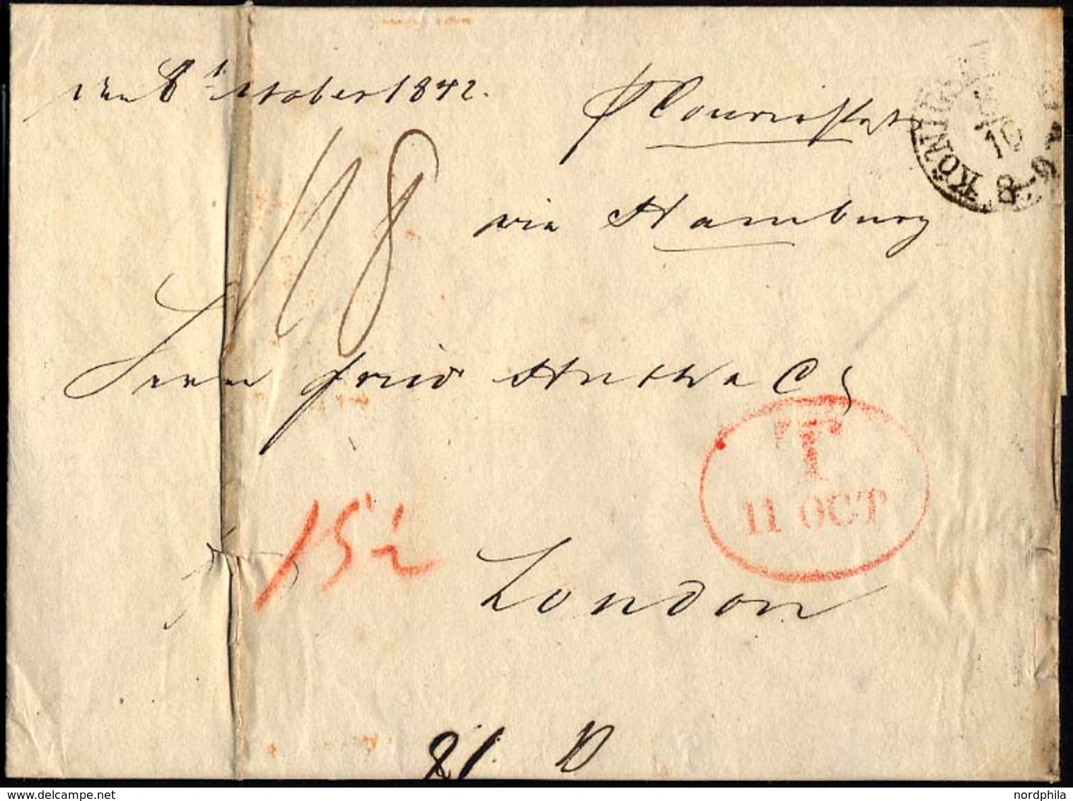 HAMBURG - GRENZÜBERGANGSSTEMPEL 1842, T 11 OCT, In Rot Auf Brief Von Königsberg über Hamburg (K1) Nach London, Registrat - [Voorlopers