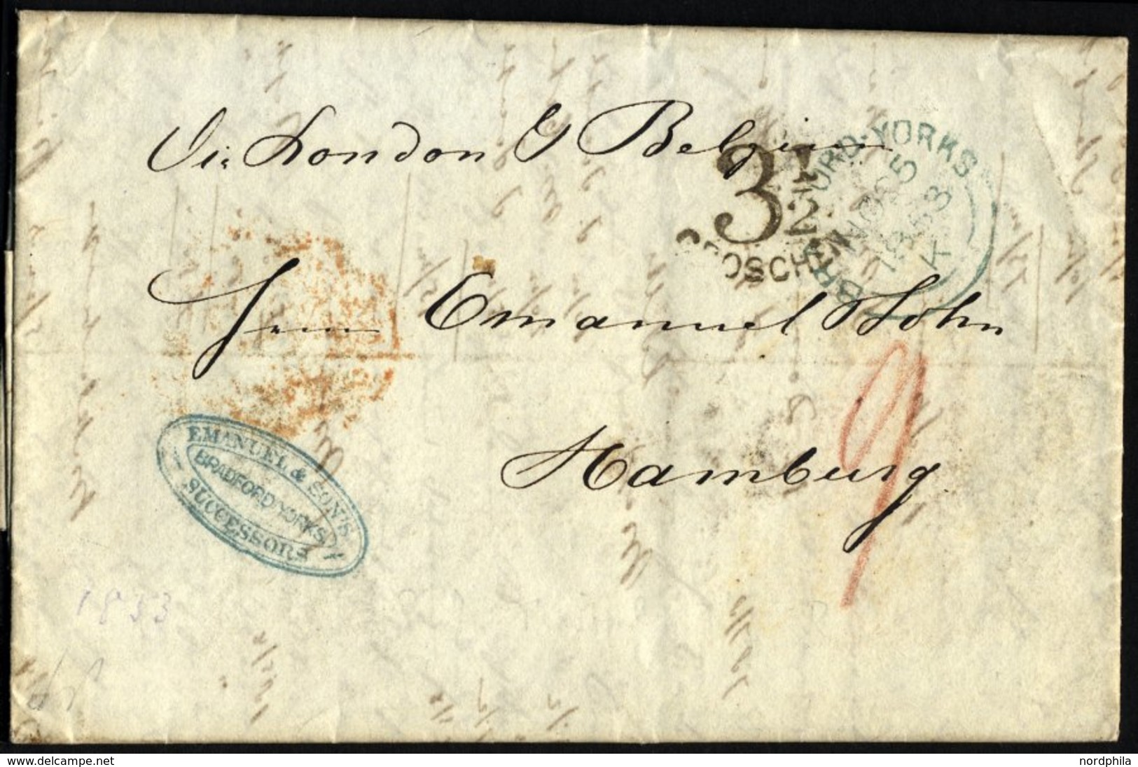 HAMBURG - GRENZÜBERGANGSSTEMPEL 1853, 31/2 Groschen, Sonderform Auf Brief Von Bradfort/York (blauer K1) Nach Hamburg, Rü - Préphilatélie