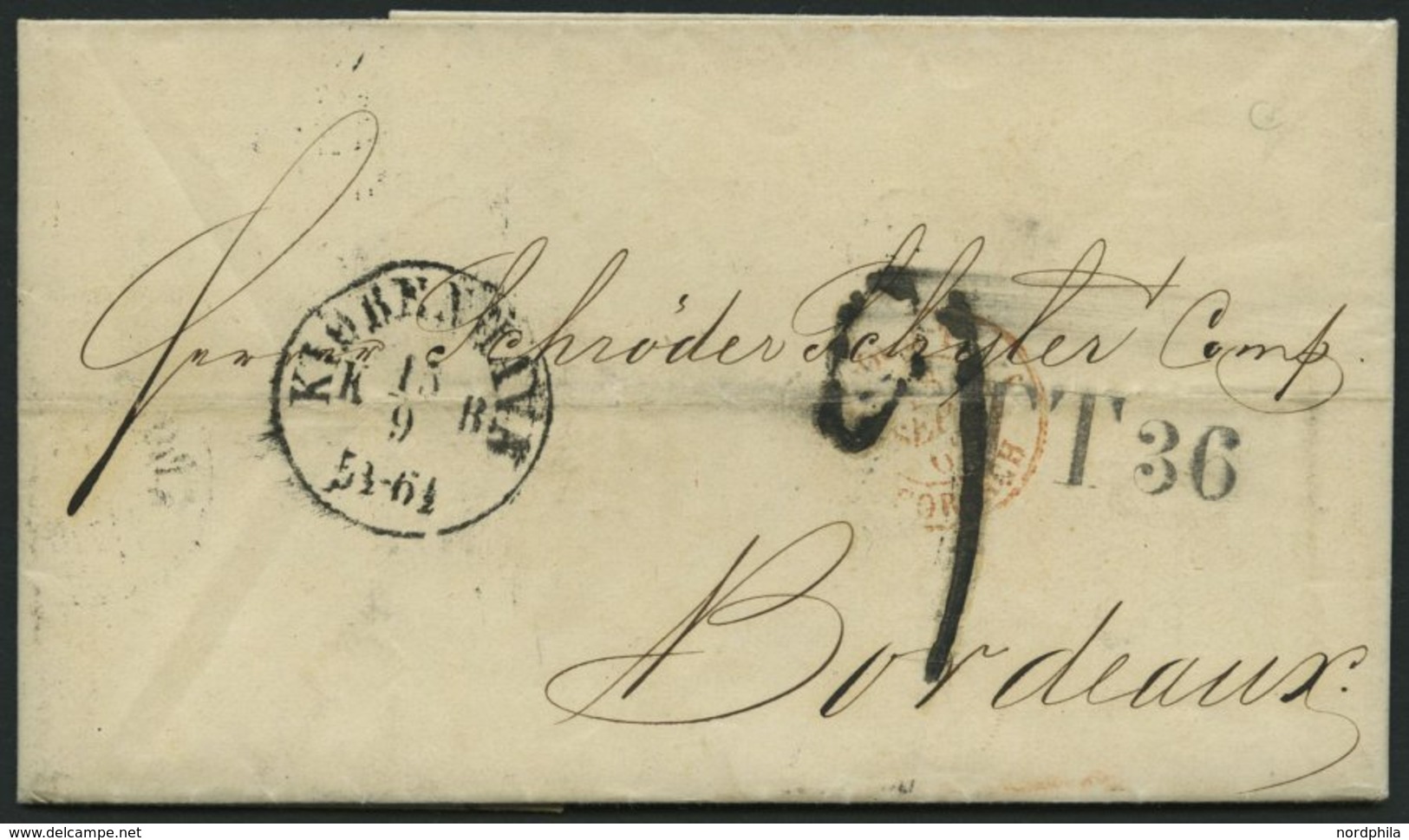 HAMBURG - GRENZÜBERGANGSSTEMPEL 1862, TT 36, L1 Auf Brief Von Copenhagen (K1) Nach Bordeaux, Rückseitig Diverse Durchgan - Prefilatelia