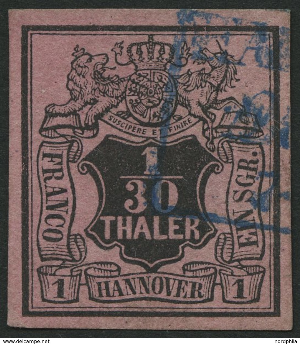 HANNOVER 3bW O, 1855, 1/30 Th. Schwarz Auf Himberrot, Kopfstehendes Wz., Punkthelle Stelle Sonst Pracht, Mi. 300.- - Hanovre