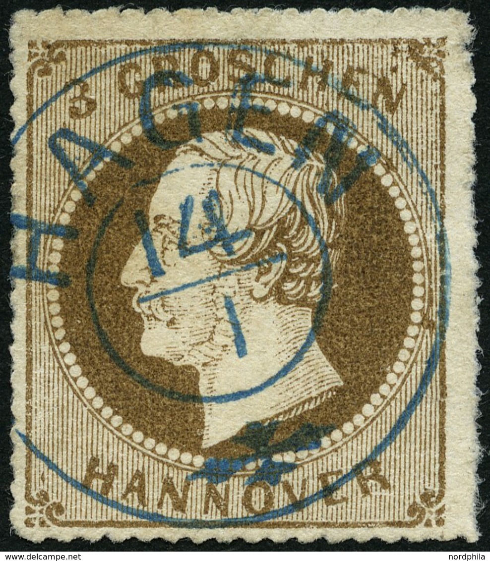 HANNOVER 25y O, 1864, 3 Gr. Hellbraun, Zentrischer Blauer K2 HAGEN, Kabinett, Signiert H. Krause, Mi. (100.-) - Hannover