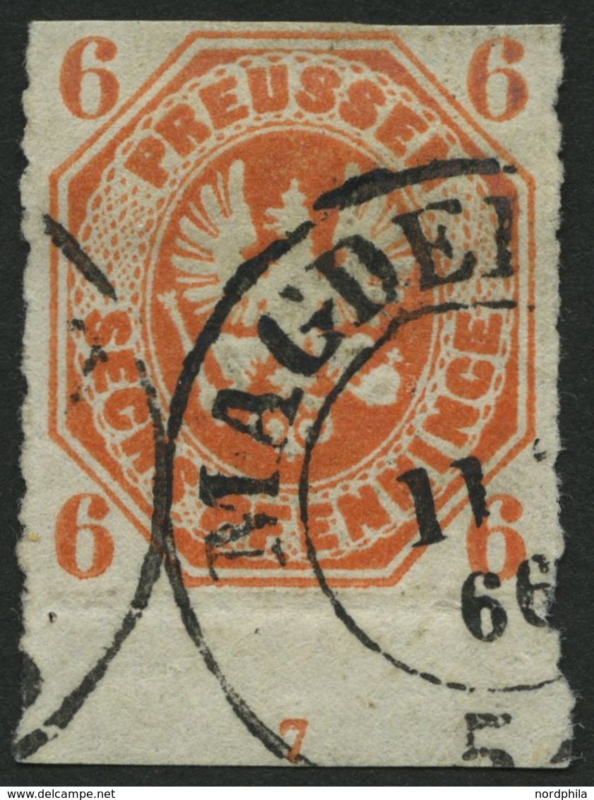 PREUSSEN 15a O, 1861, 6 Pf. Orange, Unterrandstück Mit Nr. 7, Oben Scherentrennung Sonst Pracht - Sonstige & Ohne Zuordnung