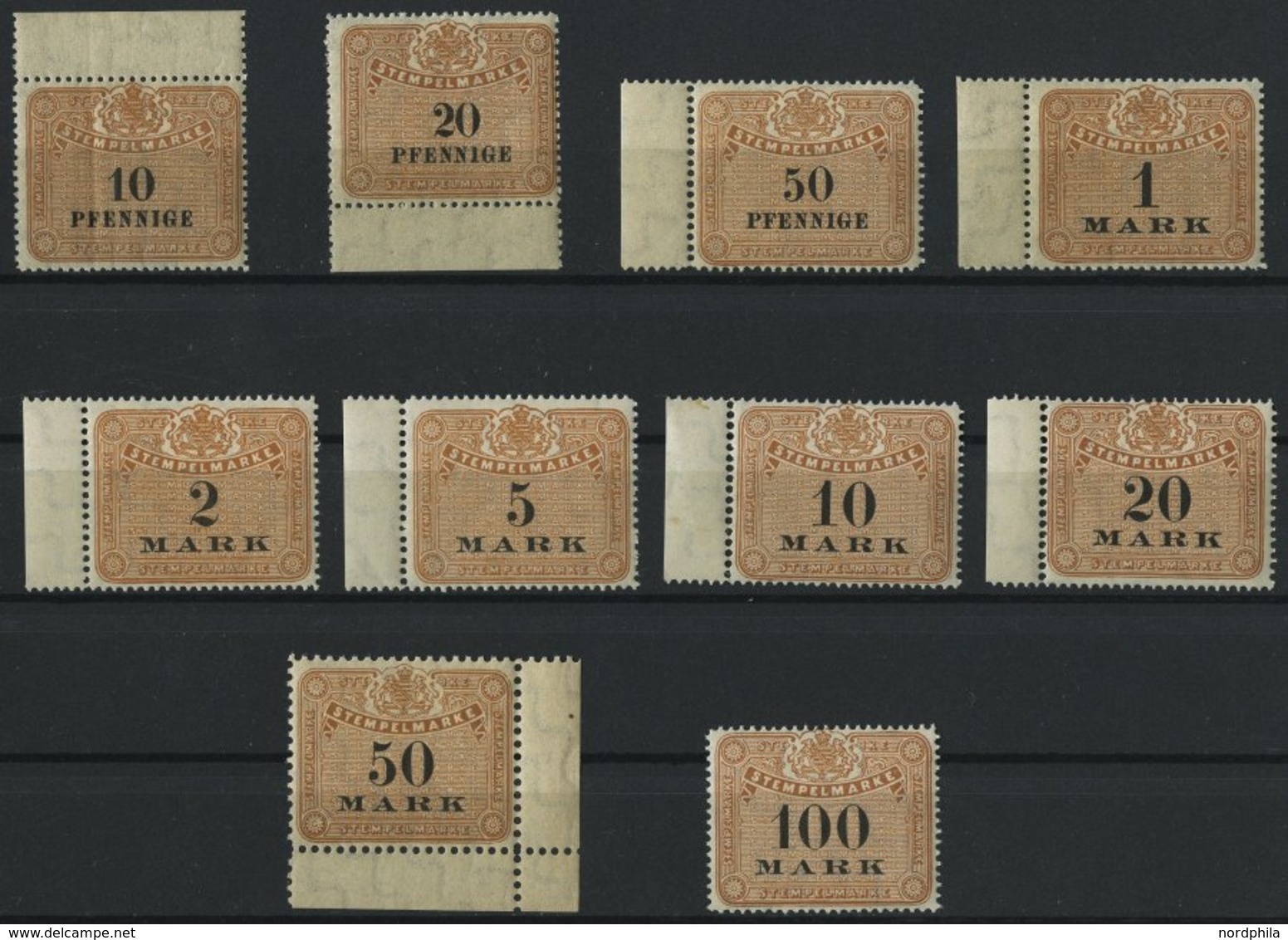 SACHSEN **, 1910, 10 Pf. - 100 Mk. Stempelmarken, Wz. Treppen, 10 Werte Postfrisch, Pracht - Saxe