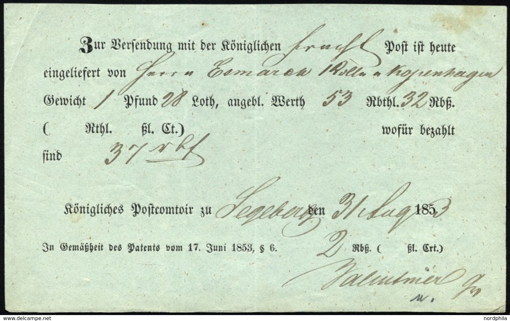 SCHLESWIG-HOLSTEIN SEGEBERG, Handschriftlich Auf Einlieferungsschein (1853), Pracht - Vorphilatelie