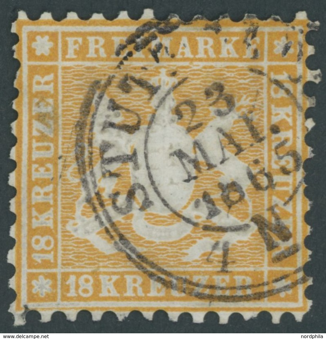 WÜRTTEMBERG 29 O, 1864, 18 Kr. Orangegelb, Kleiner Zahnfehler, Feinst, Gepr. Heinrich, Mi. 500.- - Sonstige & Ohne Zuordnung